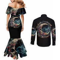 Moon Skull Couples Matching Mermaid Dress and Long Sleeve Button Shirts Hello Darkness My Old Friend Moon DT01