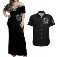 Moon Skull Couples Matching Off Shoulder Maxi Dress and Hawaiian Shirt Hello Darkness My Old Friend Moon - Wonder Print Shop