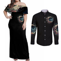Moon Skull Couples Matching Off Shoulder Maxi Dress and Long Sleeve Button Shirts Hello Darkness My Old Friend Moon - Wonder Print Shop