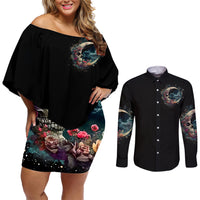 Moon Skull Couples Matching Off Shoulder Short Dress and Long Sleeve Button Shirts Hello Darkness My Old Friend Moon - Wonder Print Shop