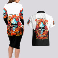 Flower Skull Couples Matching Long Sleeve Bodycon Dress and Hawaiian Shirt Don't Try To Figured Me Out I Special Kind Fire Flower - Wonder Print Shop