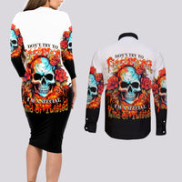 Flower Skull Couples Matching Long Sleeve Bodycon Dress and Long Sleeve Button Shirts Don't Try To Figured Me Out I Special Kind Fire Flower - Wonder Print Shop
