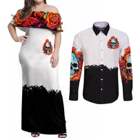 Flower Skull Couples Matching Off Shoulder Maxi Dress and Long Sleeve Button Shirts Don't Try To Figured Me Out I Special Kind Fire Flower - Wonder Print Shop