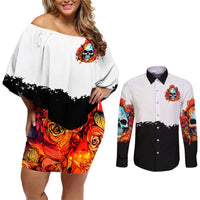 Flower Skull Couples Matching Off Shoulder Short Dress and Long Sleeve Button Shirts Don't Try To Figured Me Out I Special Kind Fire Flower - Wonder Print Shop