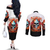 Flower Skull Couples Matching Off The Shoulder Long Sleeve Dress and Long Sleeve Button Shirts Don't Try To Figured Me Out I Special Kind Fire Flower DT01