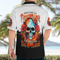 Two-tone Hawaiian shirt with back skull and roses graphic and colorful lettering