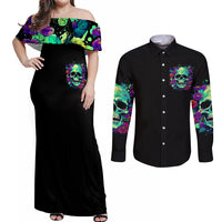 Flower Skull Couples Matching Off Shoulder Maxi Dress and Long Sleeve Button Shirts I Blunt Because God Rolled Me That Way - Wonder Print Shop