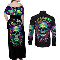 Flower Skull Couples Matching Off Shoulder Maxi Dress and Long Sleeve Button Shirts I Blunt Because God Rolled Me That Way - Wonder Print Shop