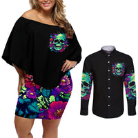 Flower Skull Couples Matching Off Shoulder Short Dress and Long Sleeve Button Shirts I Blunt Because God Rolled Me That Way - Wonder Print Shop