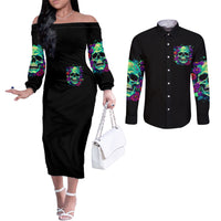 Flower Skull Couples Matching Off The Shoulder Long Sleeve Dress and Long Sleeve Button Shirts I Blunt Because God Rolled Me That Way DT01