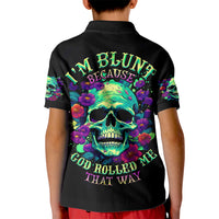 Kids black polo shirt with neon skull and flower graphic on back