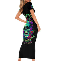 Black short-sleeve bodycon long dress with colorful skull graphic on front and sleeves
