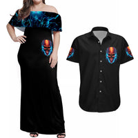 Thunder Skull Couples Matching Off Shoulder Maxi Dress and Hawaiian Shirt I Can't Go To Hell Devil Restrainning Order Against Me - Wonder Print Shop