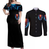 Thunder Skull Couples Matching Off Shoulder Maxi Dress and Long Sleeve Button Shirts I Can't Go To Hell Devil Restrainning Order Against Me - Wonder Print Shop