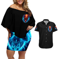 Thunder Skull Couples Matching Off Shoulder Short Dress and Hawaiian Shirt I Can't Go To Hell Devil Restrainning Order Against Me - Wonder Print Shop