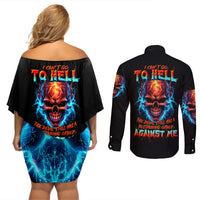 Thunder Skull Couples Matching Off Shoulder Short Dress and Long Sleeve Button Shirts I Can't Go To Hell Devil Restrainning Order Against Me - Wonder Print Shop