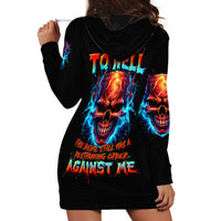 Black hoodie dress with large blue-orange skull graphic, full hooded back view.