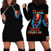 Black hoodie dress with skull graphics, front and back views shown.