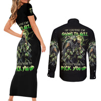 Skull Reaper Couples Matching Short Sleeve Bodycon Dress and Long Sleeve Button Shirts I Going To Hell Just Pick You Up - Wonder Print Shop