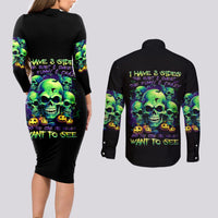 Skull Pumpkin Couples Matching Long Sleeve Bodycon Dress and Long Sleeve Button Shirts I Have Three Side Quite Funny And Side You Never Want - Wonder Print Shop