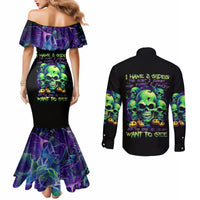 Skull Pumpkin Couples Matching Mermaid Dress and Long Sleeve Button Shirts I Have Three Side Quite Funny And Side You Never Want DT01