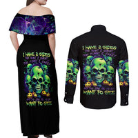 Skull Pumpkin Couples Matching Off Shoulder Maxi Dress and Long Sleeve Button Shirts I Have Three Side Quite Funny And Side You Never Want - Wonder Print Shop