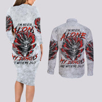 Devil Skull Couples Matching Long Sleeve Bodycon Dress and Long Sleeve Button Shirts I Never Alone My Demon With Me 24/7 - Wonder Print Shop