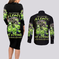 Death Skull Couples Matching Long Sleeve Bodycon Dress and Long Sleeve Button Shirts I Never Alone My Demon With Me 24/7 - Wonder Print Shop