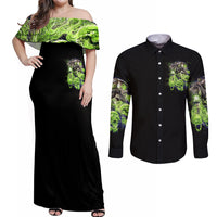 Death Skull Couples Matching Off Shoulder Maxi Dress and Long Sleeve Button Shirts I Never Alone My Demon With Me 24/7 - Wonder Print Shop