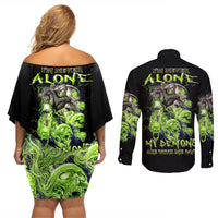 Death Skull Couples Matching Off Shoulder Short Dress and Long Sleeve Button Shirts I Never Alone My Demon With Me 24/7 - Wonder Print Shop