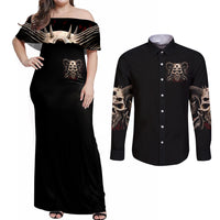 Satan Skull Couples Matching Off Shoulder Maxi Dress and Long Sleeve Button Shirts I Never Alone My Demon With Me 24/7 - Wonder Print Shop
