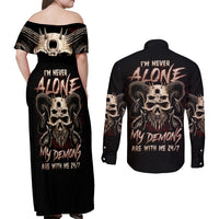 Satan Skull Couples Matching Off Shoulder Maxi Dress and Long Sleeve Button Shirts I Never Alone My Demon With Me 24/7 - Wonder Print Shop