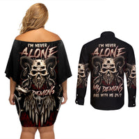 Satan Skull Couples Matching Off Shoulder Short Dress and Long Sleeve Button Shirts I Never Alone My Demon With Me 24/7 - Wonder Print Shop