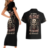 Satan Skull Couples Matching Short Sleeve Bodycon Dress and Hawaiian Shirt I Never Alone My Demon With Me 24/7 - Wonder Print Shop