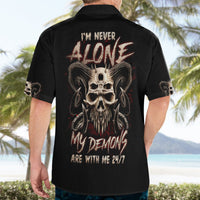 Black Hawaiian shirt with large back skull demon print and "24/7" text