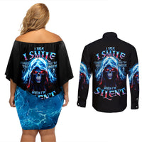 American Skull Couples Matching Off Shoulder Short Dress and Long Sleeve Button Shirts I Talk I Smile But Be Carefull When I Silent - Wonder Print Shop
