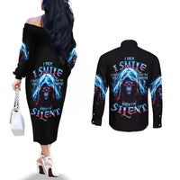 American Skull Couples Matching Off The Shoulder Long Sleeve Dress and Long Sleeve Button Shirts I Talk I Smile But Be Carefull When I Silent DT01