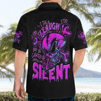 Black Hawaiian shirt showing back graphic: purple graffiti skull with neon lettering