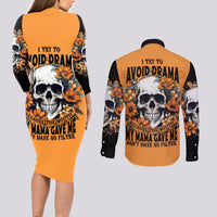 Flower Skull Couples Matching Long Sleeve Bodycon Dress and Long Sleeve Button Shirts I Try To Avoid Drama - Wonder Print Shop