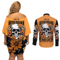 Flower Skull Couples Matching Off Shoulder Short Dress and Long Sleeve Button Shirts I Try To Avoid Drama - Wonder Print Shop