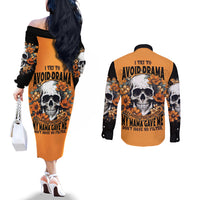 Flower Skull Couples Matching Off The Shoulder Long Sleeve Dress and Long Sleeve Button Shirts I Try To Avoid Drama DT01