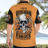 Orange Hawaiian shirt with black collar/sleeves and back skull text floral artwork