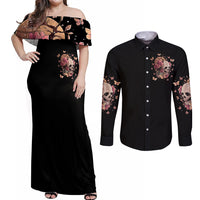 Flower Skull Couples Matching Off Shoulder Maxi Dress and Long Sleeve Button Shirts Iam A Sweet Girl Full Of Crazy - Wonder Print Shop