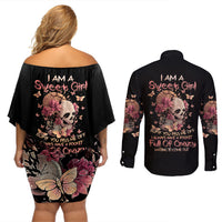 Flower Skull Couples Matching Off Shoulder Short Dress and Long Sleeve Button Shirts Iam A Sweet Girl Full Of Crazy - Wonder Print Shop