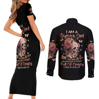 Flower Skull Couples Matching Short Sleeve Bodycon Dress and Long Sleeve Button Shirts Iam A Sweet Girl Full Of Crazy - Wonder Print Shop