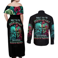 Twin Skull Couples Matching Off Shoulder Maxi Dress and Long Sleeve Button Shirts Don't Try To Figure Me Out I'm A Special - Wonder Print Shop