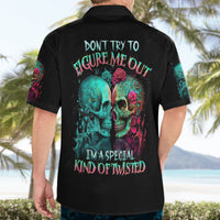 Black Hawaiian shirt with back quote and twin skull rose artwork, short sleeves