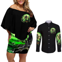 Zombie Skull Couples Matching Off Shoulder Short Dress and Long Sleeve Button Shirts I Never Alone My Demon With Me 24/7 - Wonder Print Shop