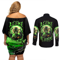 Zombie Skull Couples Matching Off Shoulder Short Dress and Long Sleeve Button Shirts I Never Alone My Demon With Me 24/7 - Wonder Print Shop