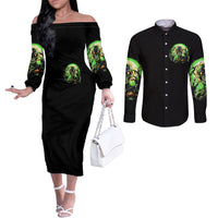 Zombie Skull Couples Matching Off The Shoulder Long Sleeve Dress and Long Sleeve Button Shirts I Never Alone My Demon With Me 24/7 DT01